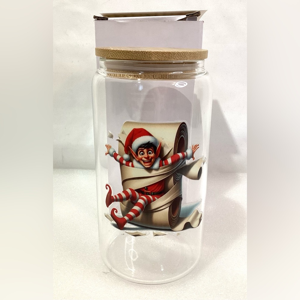 Christmas Glass Tumbler w Woden Lid 16oz New w Original Box
